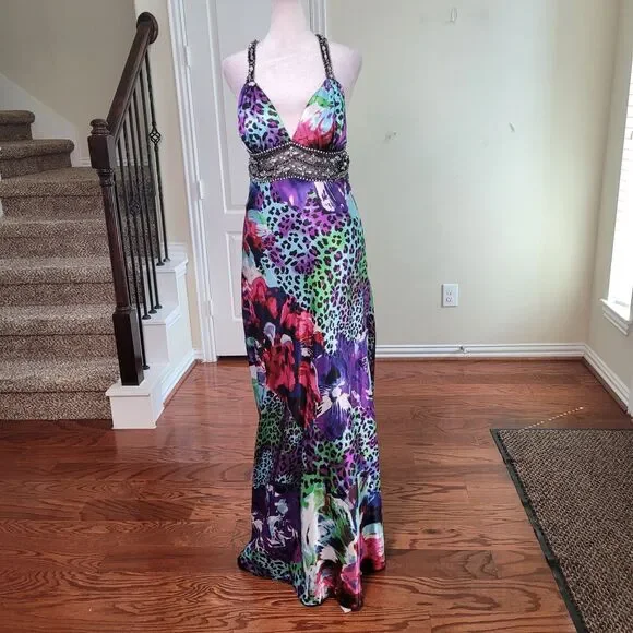 Xscape Y2K Slip Prom Gown Purple 10 Beaded Leopard Print Train Formal Open Back - Picture 3 of 17